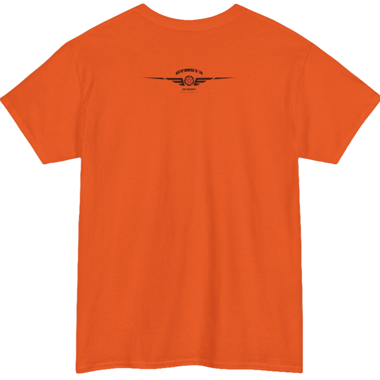 A orange Gymstar workout tee with a black graphic that reads 'GYM',  bodybuilder silhouettte and logo, presumably bodybulding or fitness.  Rear  view.