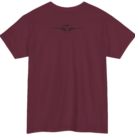 A ruby Gymstar workout tee with a black graphic that reads 'GYM',  bodybuilder silhouettte and logo, presumably bodybulding or fitness.  Rear view.