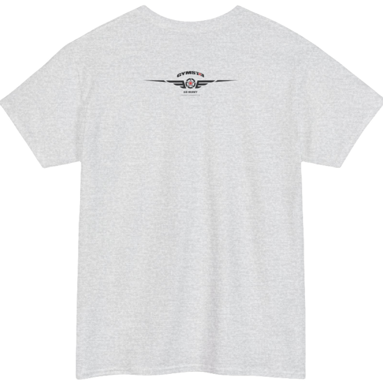 A silver grey Gymstar workout tee with a black graphic that reads 'GYM',  bodybuilder silhouettte and logo, presumably bodybulding or fitness.  Rear view.
