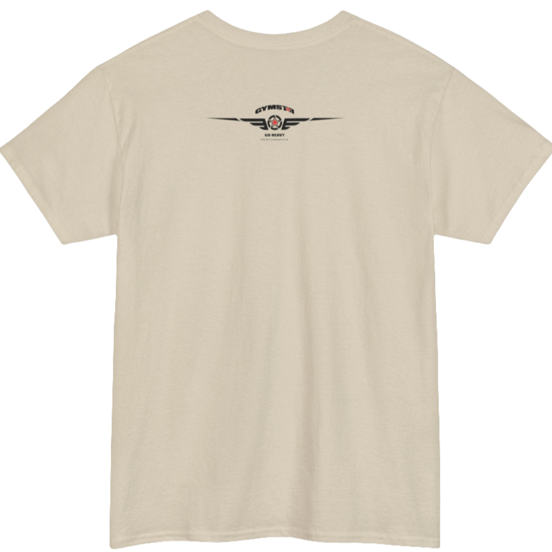 A beige Gymstar workout tee with a black graphic that reads 'Rock And Grow',  barbell and logo, presumably bodybulding or fitness.  Rear  view.