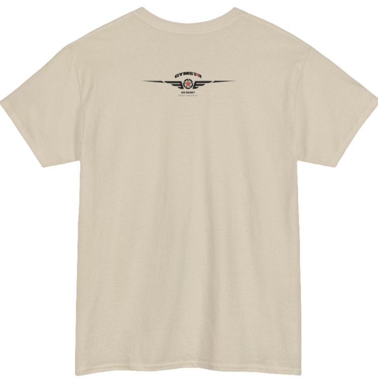 A beige Gymstar workout tee with a black graphic that reads 'Rock And Grow',  barbell and logo, presumably bodybulding or fitness.  Rear  view.