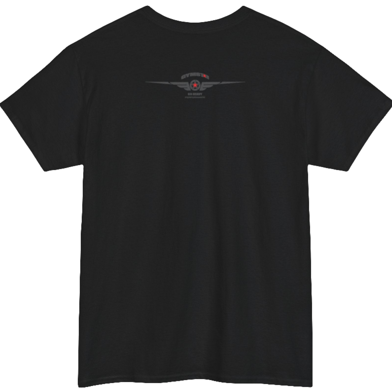 A black Gymstar workout tee with a black graphic that reads 'Rock And Grow',  barbell and logo, presumably bodybulding or fitness.  Rear view.