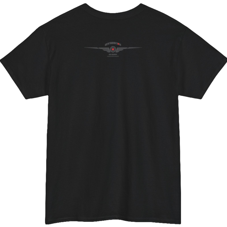A black Gymstar workout tee with a black graphic that reads 'Rock And Grow',  barbell and logo, presumably bodybulding or fitness.  Rear view.