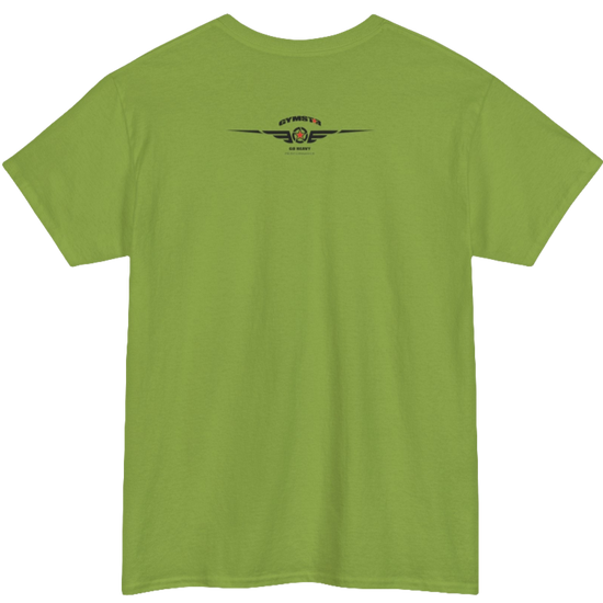 A kiwi Gymstar workout tee with a black graphic that reads 'Rock And Grow',  barbell and logo, presumably bodybulding or fitness.  Rear view.