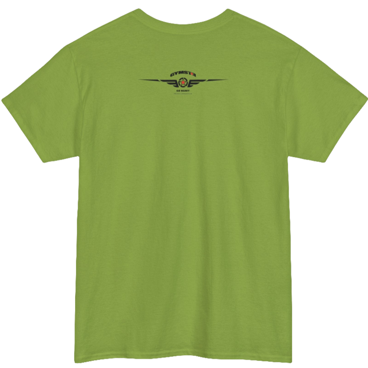 A kiwi Gymstar workout tee with a black graphic that reads 'Rock And Grow',  barbell and logo, presumably bodybulding or fitness.  Rear view.