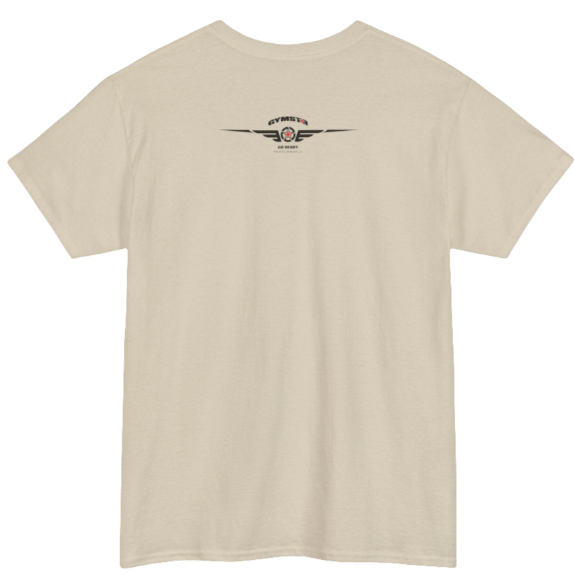 A beige Gymstar workout tee with a black graphic that reads 'GYM',  bodybuilder silhouettte and logo, presumably bodybulding or fitness.  Rear view.