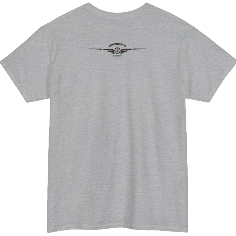 A silver grey Gymstar workout tee with a black graphic that reads 'GYM',  bodybuilder silhouettte and logo, presumably bodybulding or fitness.  Rear view.