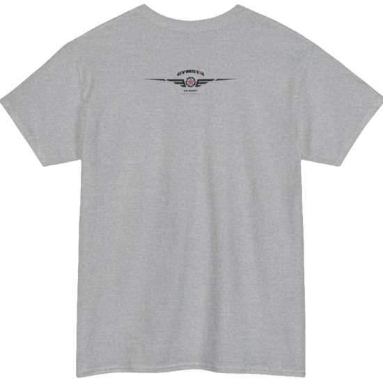 A silver grey Gymstar workout tee with a black graphic that reads 'GYM',  bodybuilder silhouettte and logo, presumably bodybulding or fitness.  Rear view.