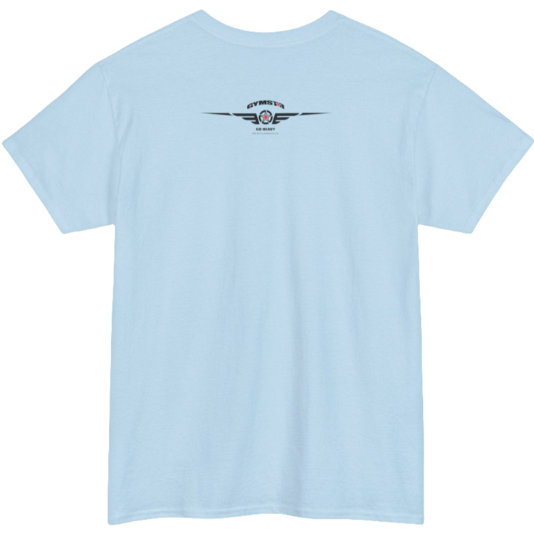 A light blue Gymstar workout tee with a black graphic that reads 'GYM',  bodybuilder silhouettte and logo, presumably bodybulding or fitness.  Rear  view.