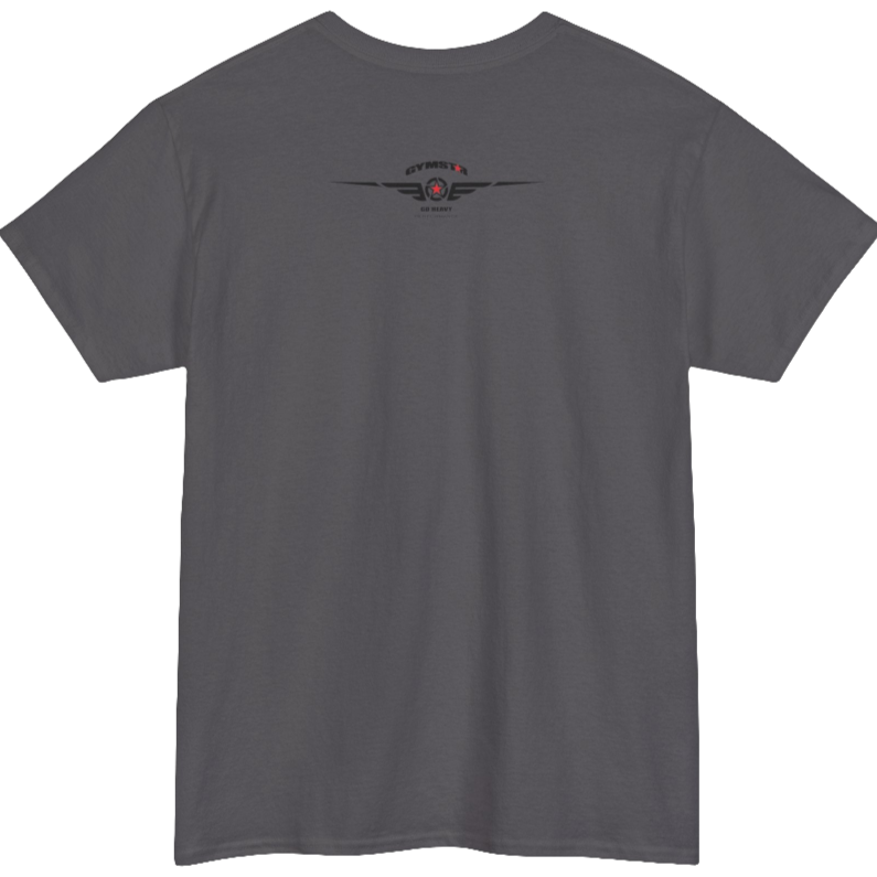 A sport grey Gymstar workout tee with a black graphic that reads 'GYM',  bodybuilder silhouettte and logo, presumably bodybulding or fitness.  Rear view.