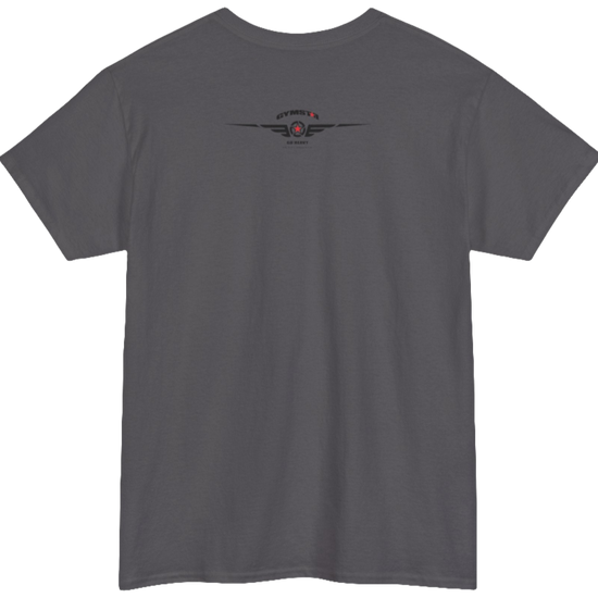 A sport grey Gymstar workout tee with a black graphic that reads 'GYM',  bodybuilder silhouettte and logo, presumably bodybulding or fitness.  Rear view.