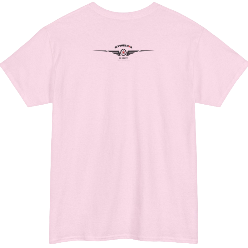 A pink Gymstar workout tee with a black graphic that reads 'GYM',  bodybuilder silhouettte and logo, presumably bodybulding or fitness.  Rear view.