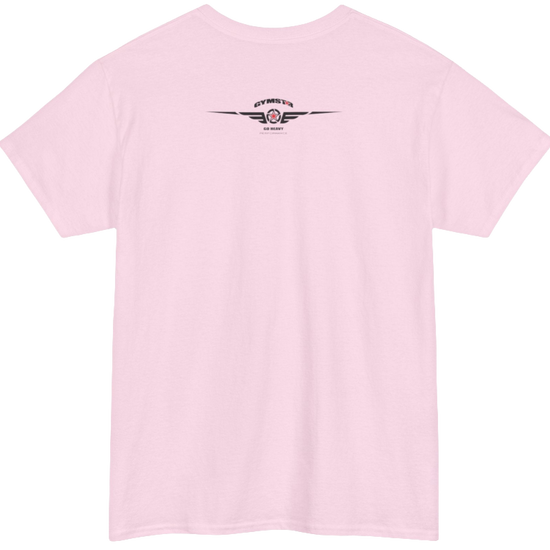 A pink Gymstar workout tee with a black graphic that reads 'GYM',  bodybuilder silhouettte and logo, presumably bodybulding or fitness.  Rear view.