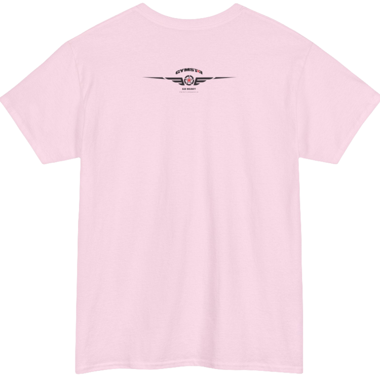 A pink Gymstar workout tee with a black graphic that reads 'GYM',  bodybuilder silhouettte and logo, presumably bodybulding or fitness.  Rear view.