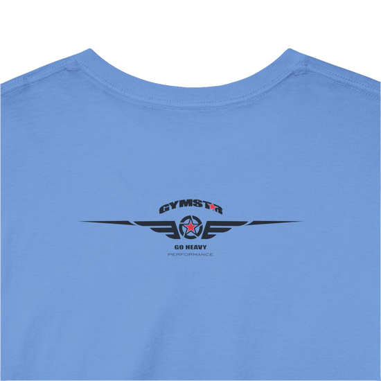 A Carolina blue Gymstar workout tee with a black graphic that reads 'GYM',  bodybuilder silhouettte and logo, presumably bodybulding or fitness.  Rear Logo Close up view.