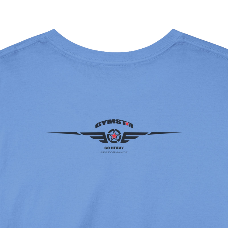 A Carolina blue Gymstar workout tee with a black graphic that reads 'GYM',  bodybuilder silhouettte and logo, presumably bodybulding or fitness.  Rear Logo Close up view.