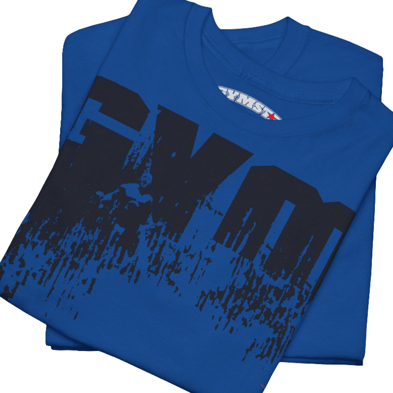 A blue Gymstar workout tee with a black graphic that reads 'GYM',  bodybuilder silhouettte and logo, presumably bodybulding or fitness.  Close up view.