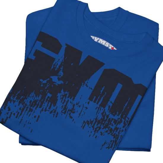 A blue Gymstar workout tee with a black graphic that reads 'GYM',  bodybuilder silhouettte and logo, presumably bodybulding or fitness.  Close up view.