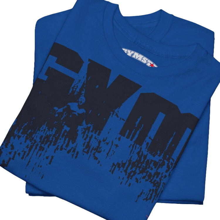 A blue Gymstar workout tee with a black graphic that reads 'GYM',  bodybuilder silhouettte and logo, presumably bodybulding or fitness.  Close up view.