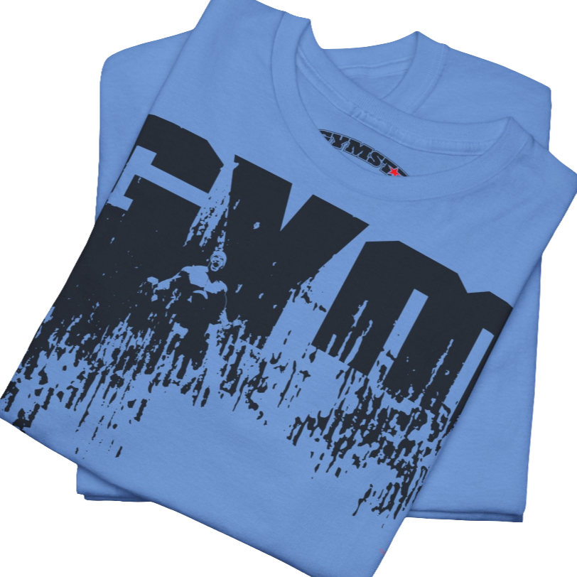 A Carolina blue Gymstar workout tee with a black graphic that reads 'GYM',  bodybuilder silhouettte and logo, presumably bodybulding or fitness.  Close up view.