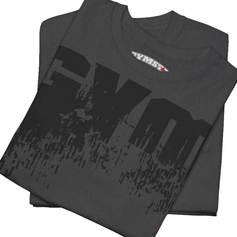 A grey Gymstar workout tee with a black graphic that reads 'GYM',  bodybuilder silhouettte and logo, presumably bodybulding or fitness.   Close up view.