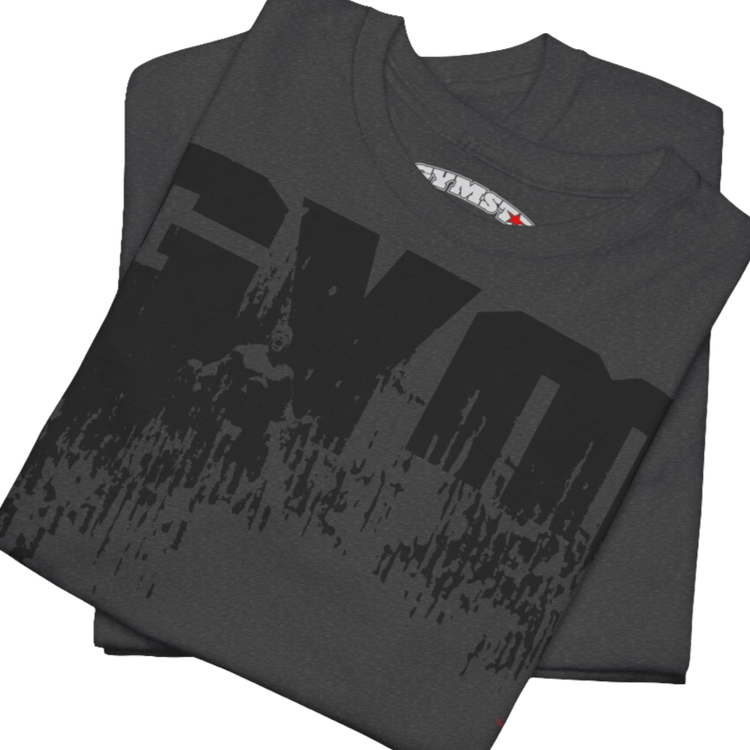 A grey Gymstar workout tee with a black graphic that reads 'GYM',  bodybuilder silhouettte and logo, presumably bodybulding or fitness.   Close up view.