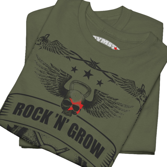 A military Gymstar workout tee with a black graphic that reads 'Rock And Grow',  barbell and logo, presumably bodybulding or fitness. Close up view.