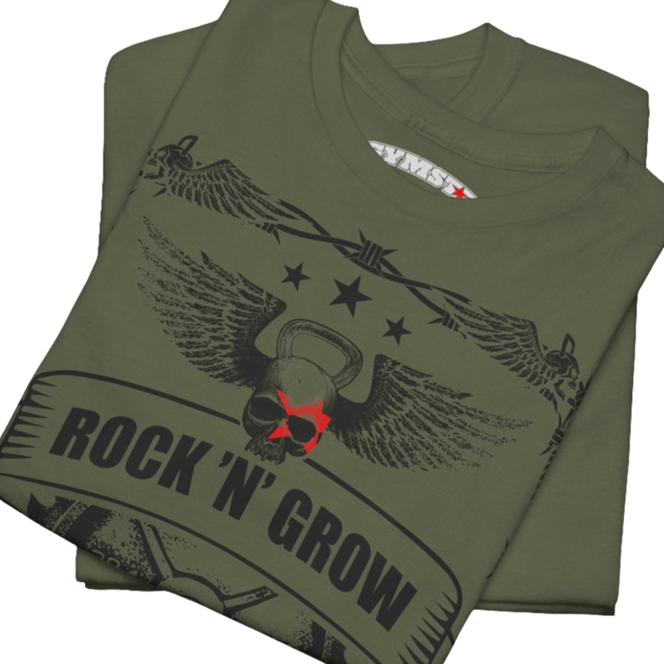 A military Gymstar workout tee with a black graphic that reads 'Rock And Grow',  barbell and logo, presumably bodybulding or fitness. Close up view.