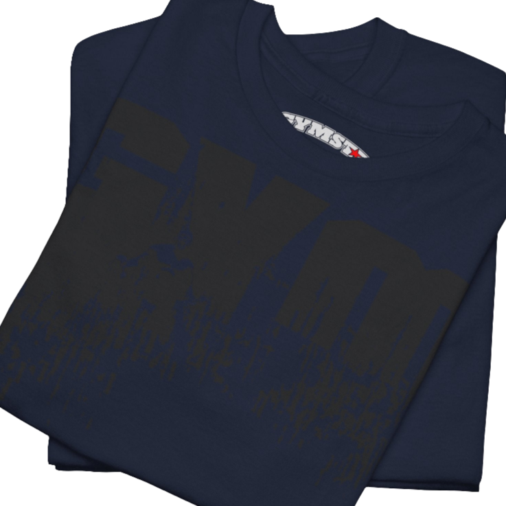 A navy blue Gymstar workout tee with a black graphic that reads 'GYM',  bodybuilder silhouettte and logo, presumably bodybulding or fitness.   Close up view.