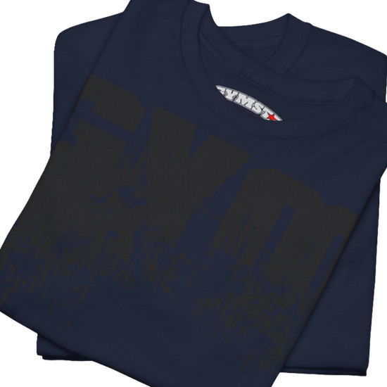 A navy blue Gymstar workout tee with a black graphic that reads 'GYM',  bodybuilder silhouettte and logo, presumably bodybulding or fitness.   Close up view.