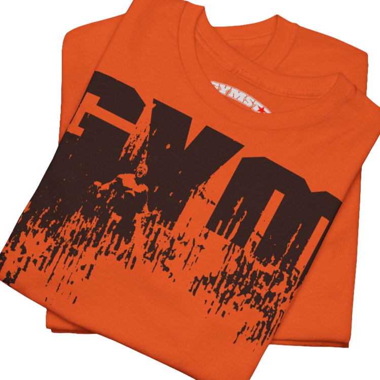 A orange Gymstar workout tee with a black graphic that reads 'GYM',  bodybuilder silhouettte and logo, presumably bodybulding or fitness.  Close up view.