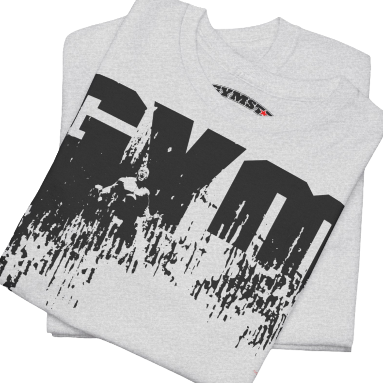 A silver grey Gymstar workout tee with a black graphic that reads 'GYM',  bodybuilder silhouettte and logo, presumably bodybulding or fitness.  Close up view.