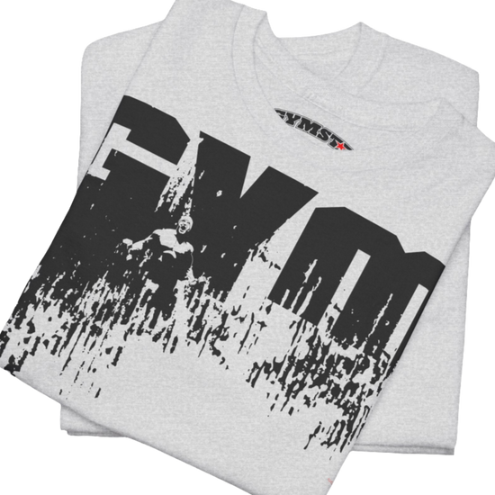 A silver grey Gymstar workout tee with a black graphic that reads 'GYM',  bodybuilder silhouettte and logo, presumably bodybulding or fitness.  Close up view.