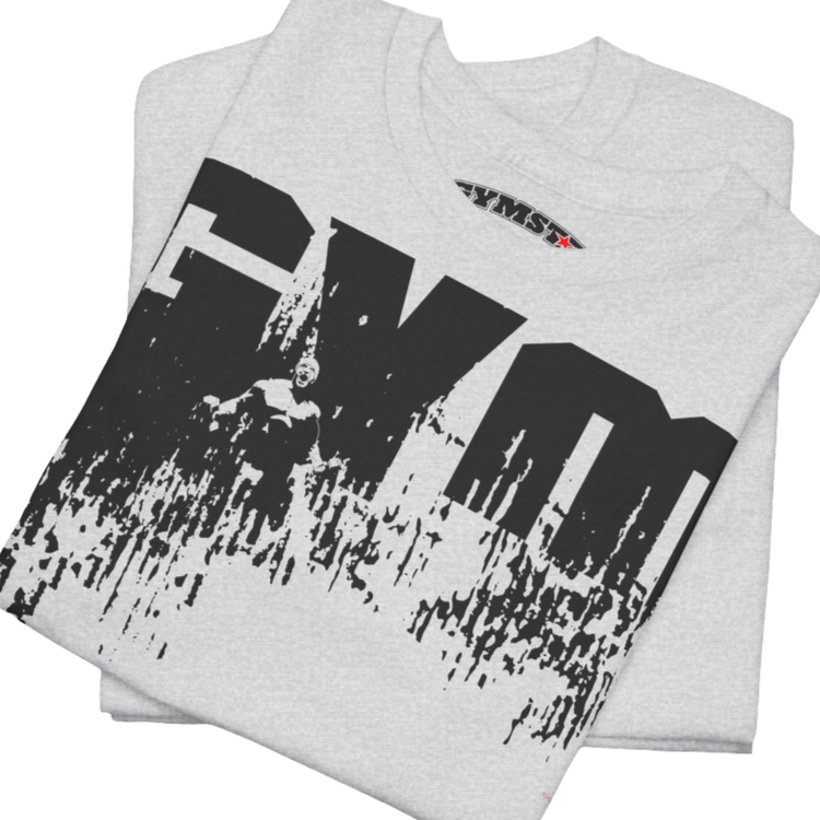 A silver grey Gymstar workout tee with a black graphic that reads 'GYM',  bodybuilder silhouettte and logo, presumably bodybulding or fitness.  Close up view.