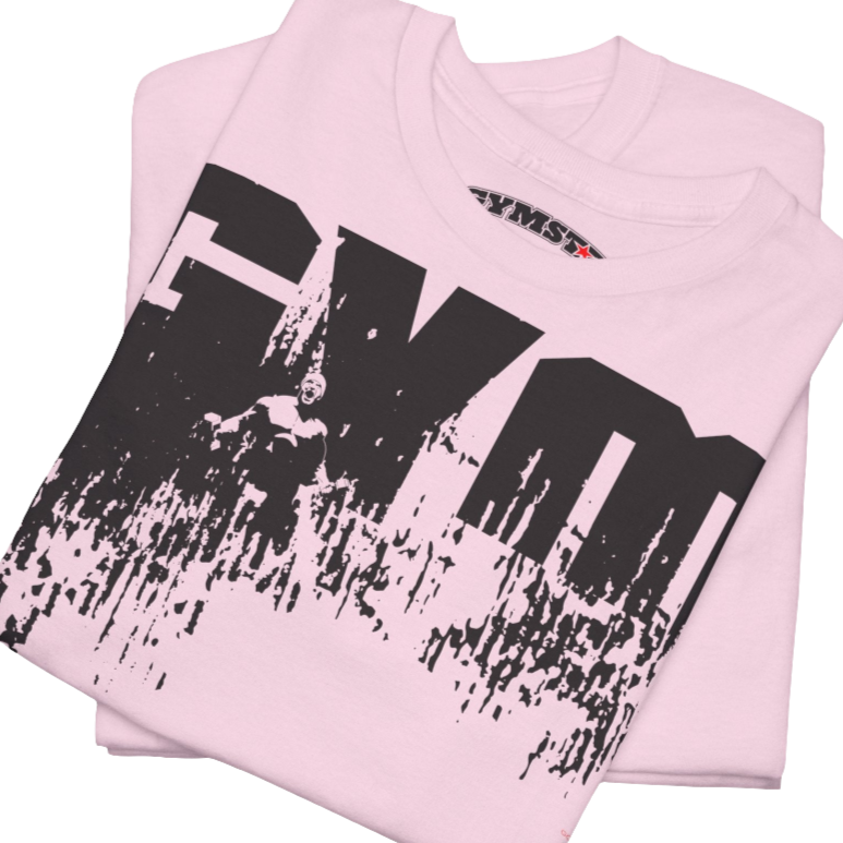 A pink Gymstar workout tee with a black graphic that reads 'GYM',  bodybuilder silhouettte and logo, presumably bodybulding or fitness. Close up view.