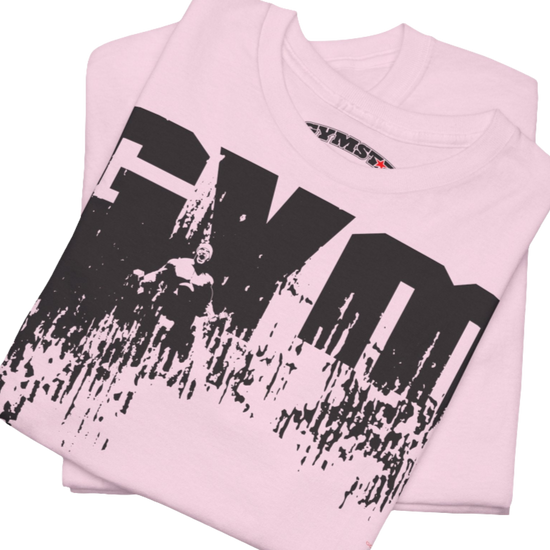 A pink Gymstar workout tee with a black graphic that reads 'GYM',  bodybuilder silhouettte and logo, presumably bodybulding or fitness. Close up view.