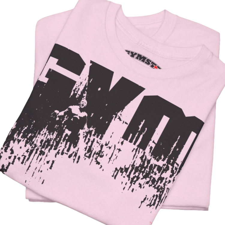 A pink Gymstar workout tee with a black graphic that reads 'GYM',  bodybuilder silhouettte and logo, presumably bodybulding or fitness. Close up view.