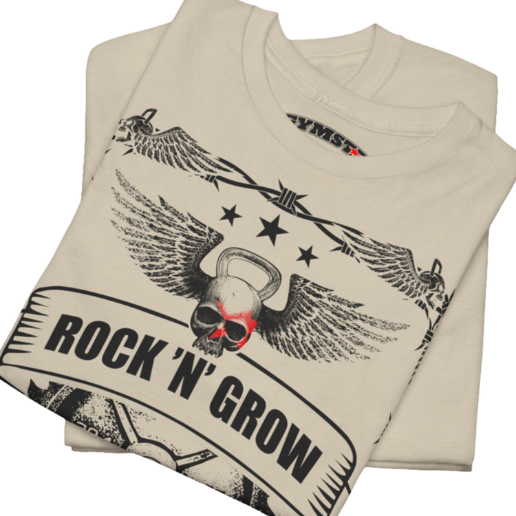 A beige Gymstar workout tee with a black graphic that reads 'Rock And Grow',  barbell and logo, presumably bodybulding or fitness.  Close up view.