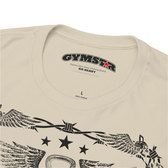 A beige Gymstar workout tee with a black graphic that reads 'Rock And Grow',  barbell and logo, presumably bodybulding or fitness.  Logo Close up view.