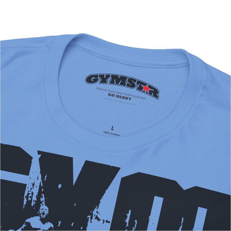 A Carolina blue Gymstar workout tee with a black graphic that reads 'GYM',  bodybuilder silhouettte and logo, presumably bodybulding or fitness.  Logo Close up view.