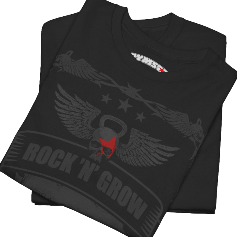 A black Gymstar workout tee with a black graphic that reads 'Rock And Grow',  barbell and logo, presumably bodybulding or fitness. Close up view.