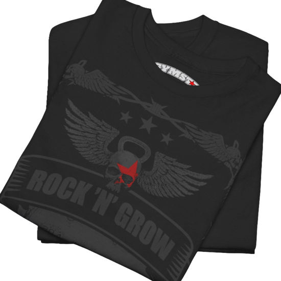 A black Gymstar workout tee with a black graphic that reads 'Rock And Grow',  barbell and logo, presumably bodybulding or fitness. Close up view.