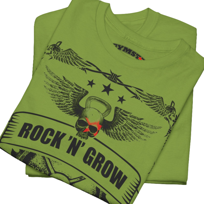 A kiwi Gymstar workout tee with a black graphic that reads 'Rock And Grow',  barbell and logo, presumably bodybulding or fitness.  Close up view.