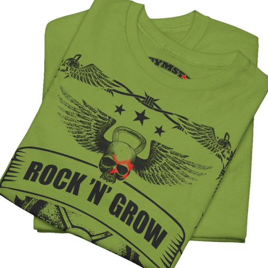 A kiwi Gymstar workout tee with a black graphic that reads 'Rock And Grow',  barbell and logo, presumably bodybulding or fitness.  Close up view.