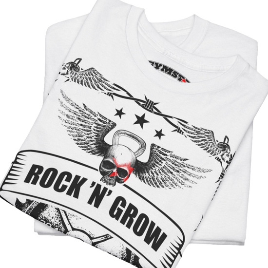 A white Gymstar workout tee with a black graphic that reads 'Rock And Grow',  barbell and logo, presumably bodybulding or fitness. Close up view.