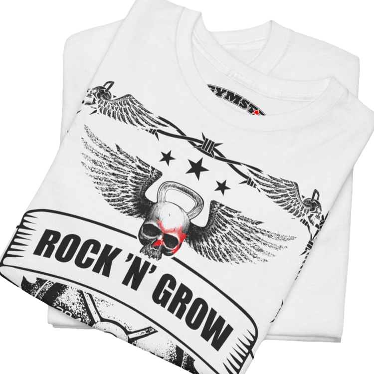 A white Gymstar workout tee with a black graphic that reads 'Rock And Grow',  barbell and logo, presumably bodybulding or fitness. Close up view.