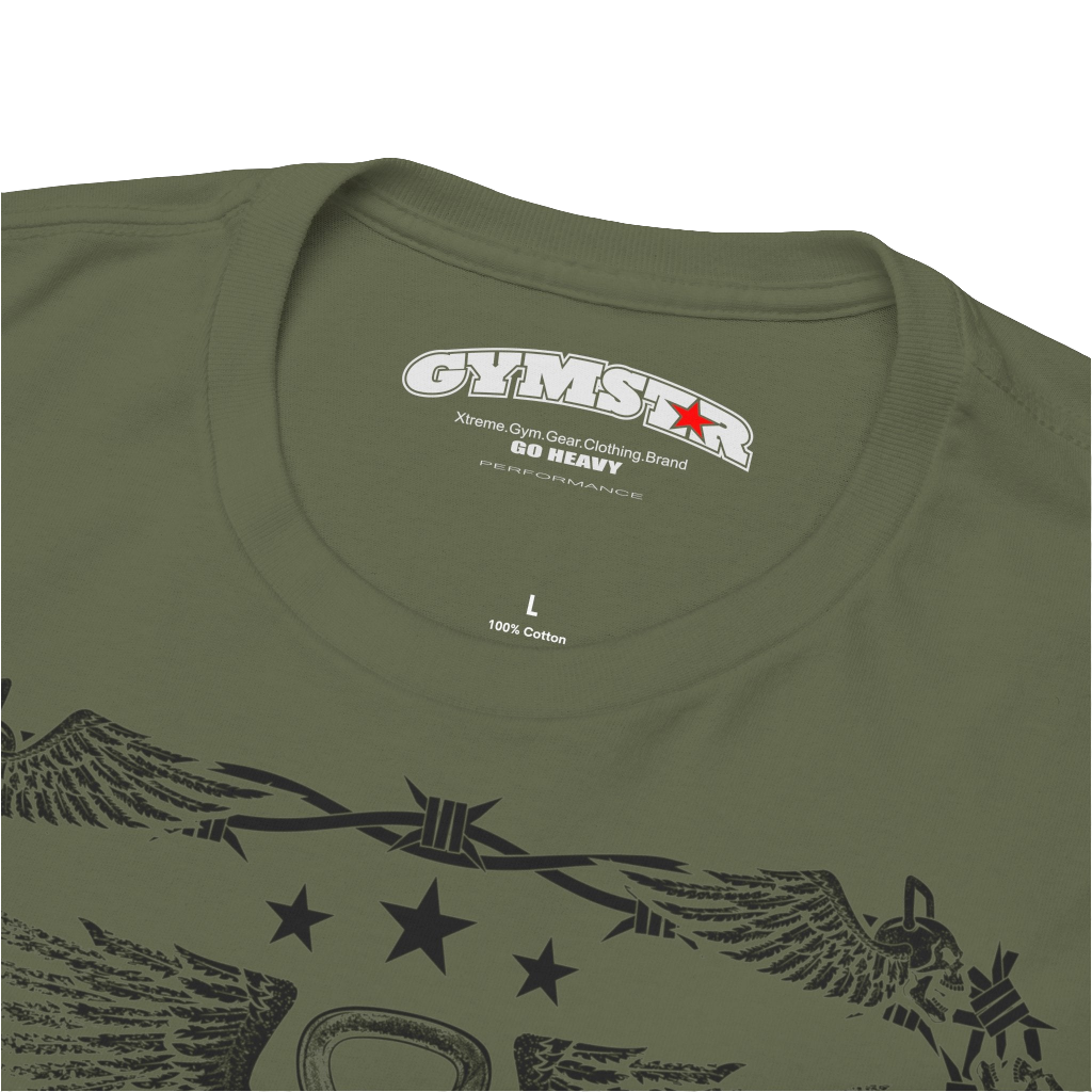 A military Gymstar workout tee with a black graphic that reads 'Rock And Grow',  barbell and logo, presumably bodybulding or fitness.  Logo Close up view.
