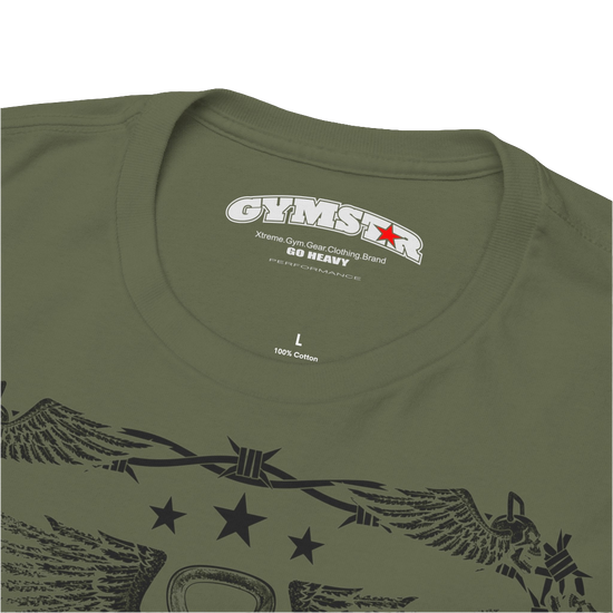 A military Gymstar workout tee with a black graphic that reads 'Rock And Grow',  barbell and logo, presumably bodybulding or fitness.  Logo Close up view.