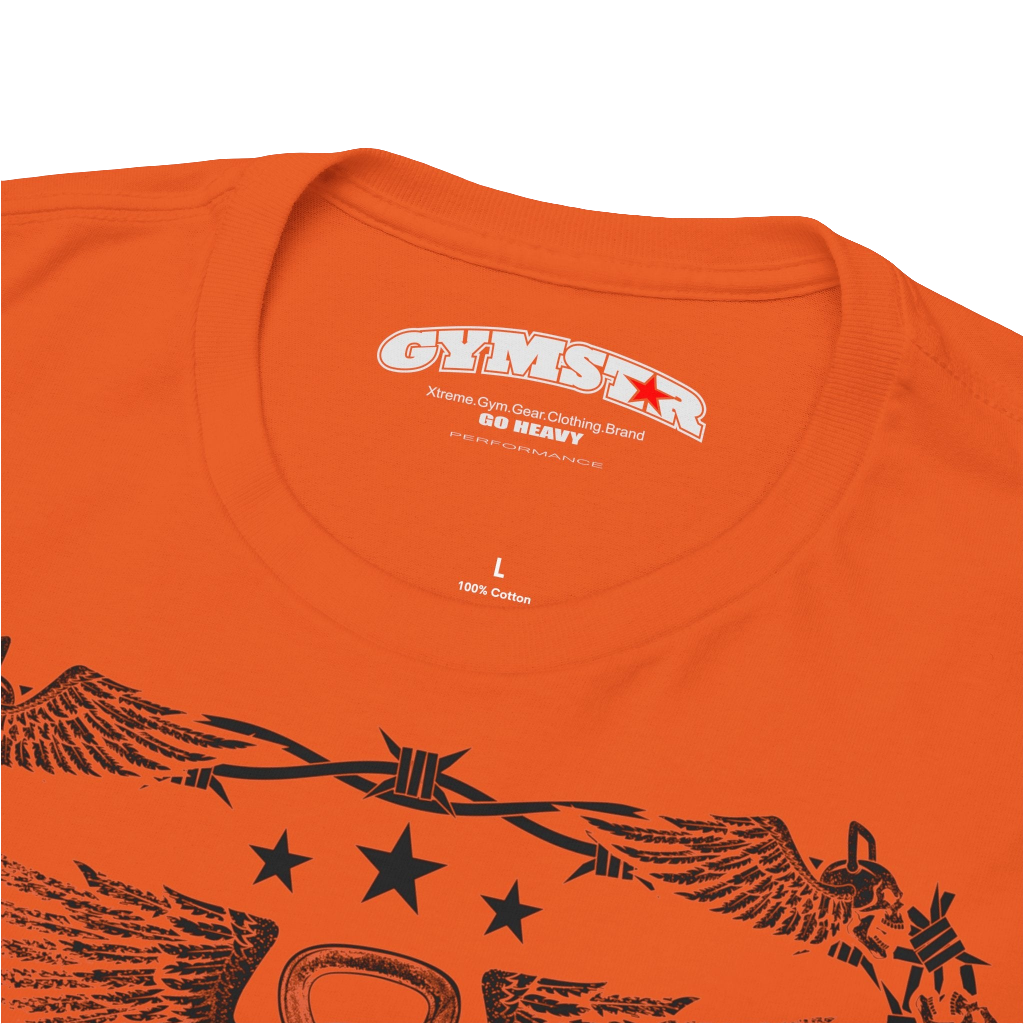 A orange Gymstar workout tee with a black graphic that reads 'Rock And Grow',  barbell and logo, presumably bodybulding or fitness.  Logo Close up view.