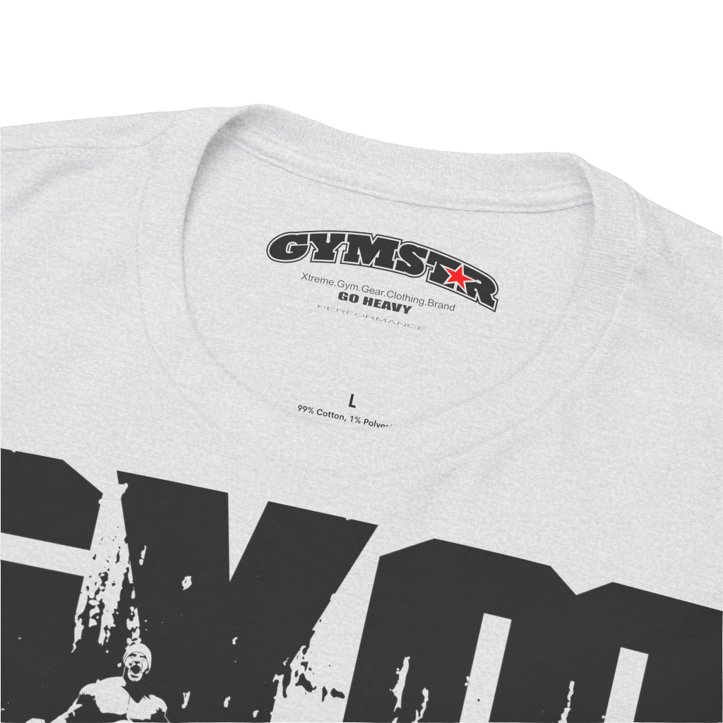A silver grey Gymstar workout tee with a black graphic that reads 'GYM',  bodybuilder silhouettte and logo, presumably bodybulding or fitness.  Logo Close up view.